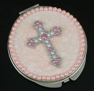 Pocket Mirror - Rhinestone Cross - Pink -MR-GM1255PN